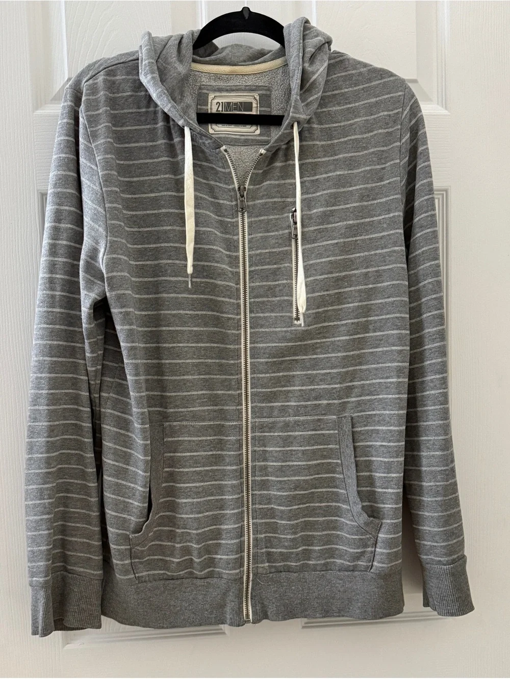Forever 21 Men Gray Striped Zip-up Hoodie Soft & Cuddly Large